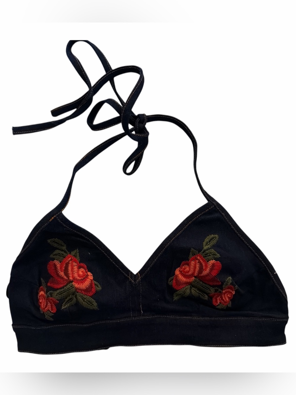 Essue Dark Denim Halter Bralette with Red Rose Embroidery NWT
